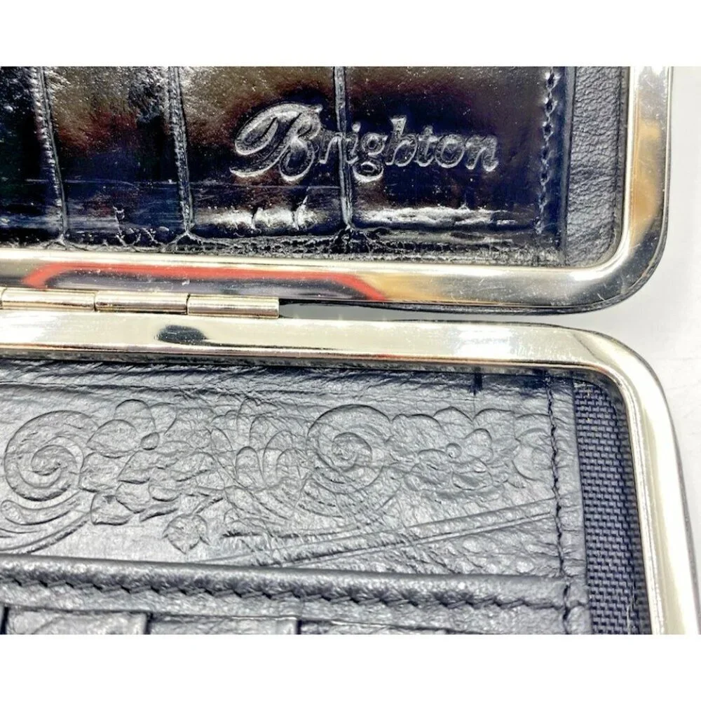 Brighton Black Leather Small Organizer Checkbook Bag Wallet Clutch 7.5 x 4.5”
